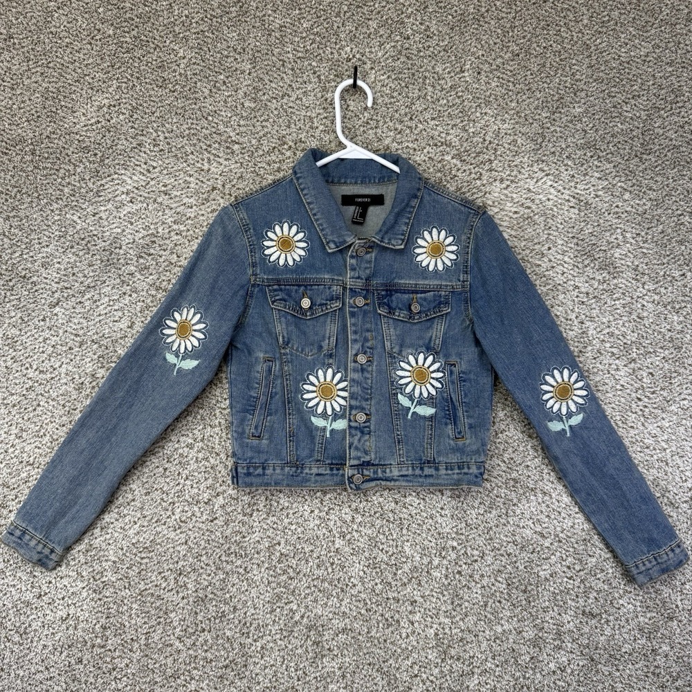 FOREVER‎ 21 Trucker Jean Jacket Women's Small Floral Embroidered Daisies Denim